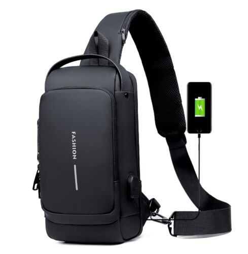USB charging sport sling Anti-theft shoulder bag (Black) - Image 9