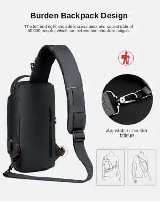USB charging sport sling Anti-theft shoulder bag (Black) - Image 6