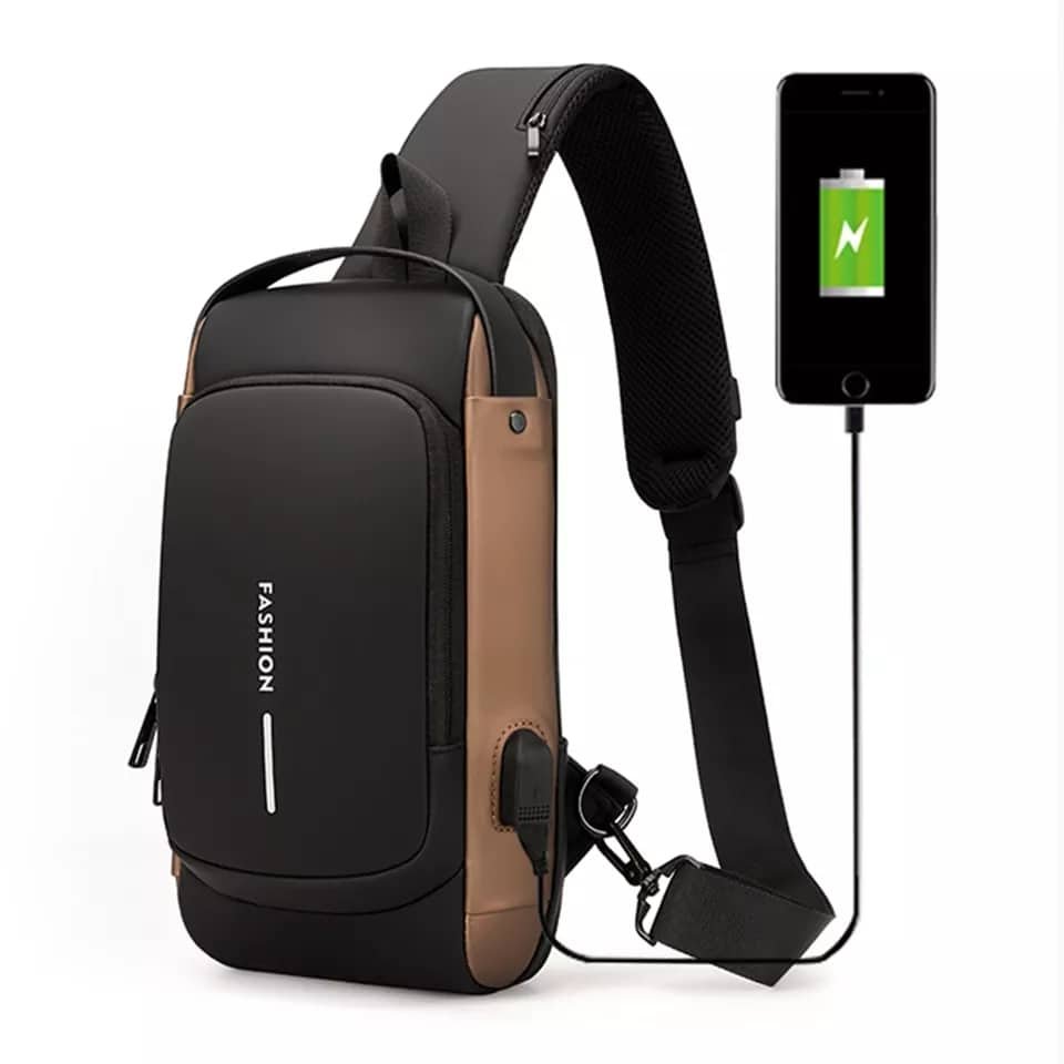 USB charging sport sling Anti-theft shoulder bag (Black) - Image 3