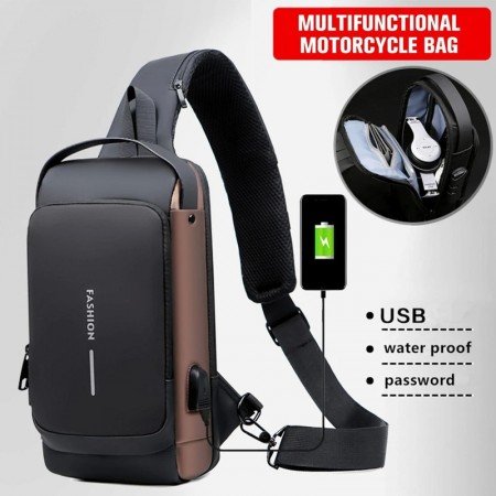 USB charging sport sling Anti-theft shoulder bag (Black)