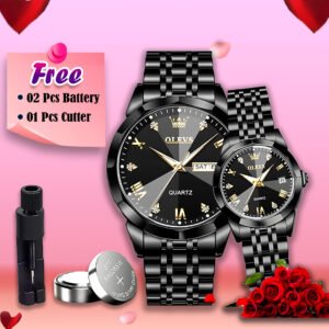 Butterfly Lock OLEVS Stainless Steel fashionable Couple watches +1pcs chain cutter+ 2 pcs battery Full Black