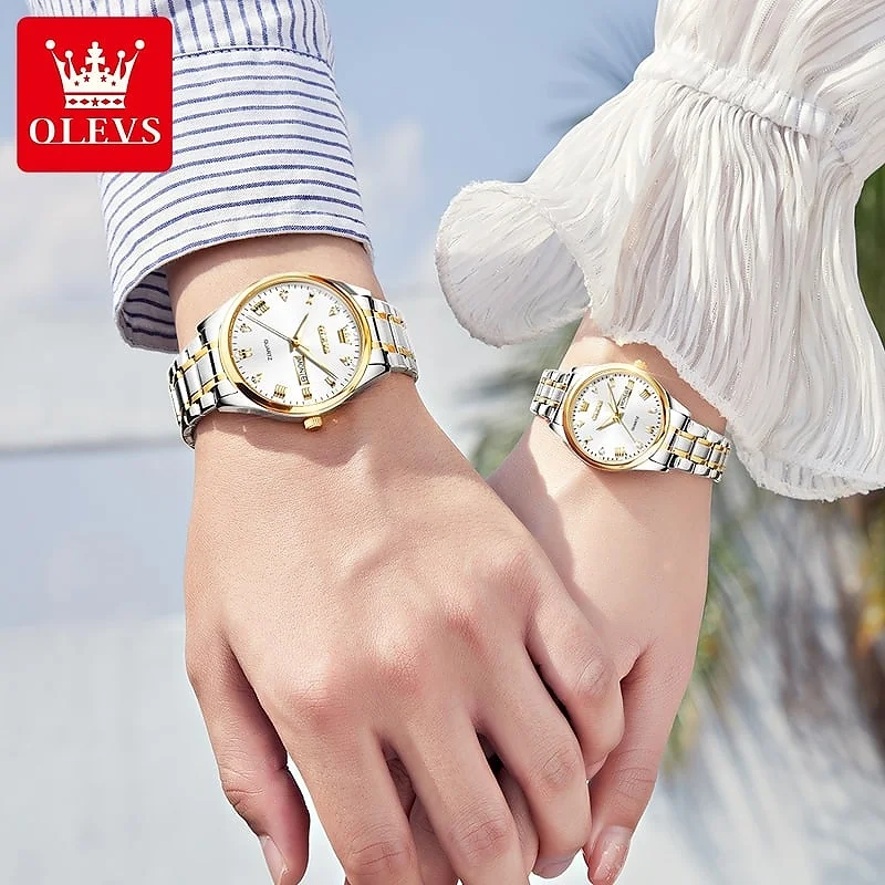 Olevs 5563 Couple Watch two tone chain (White dial) - Image 2