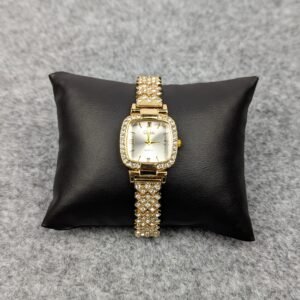 Luxury Golden Stone Studded Ladies Quartz Watch – Stylish & Elegant Design (White Dial)