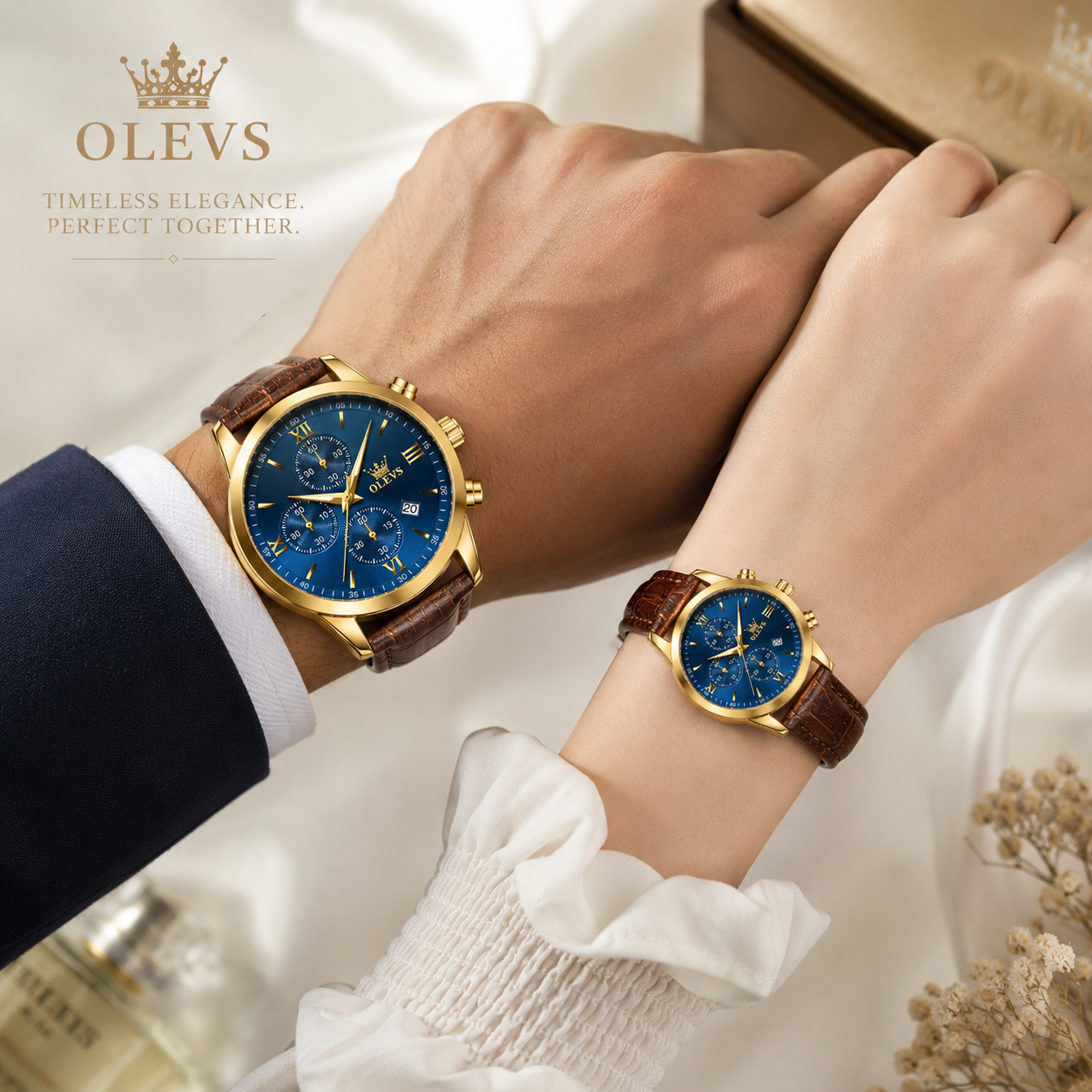OLEVS Premium Luxury Leather Strap Couple Watch - Image 2