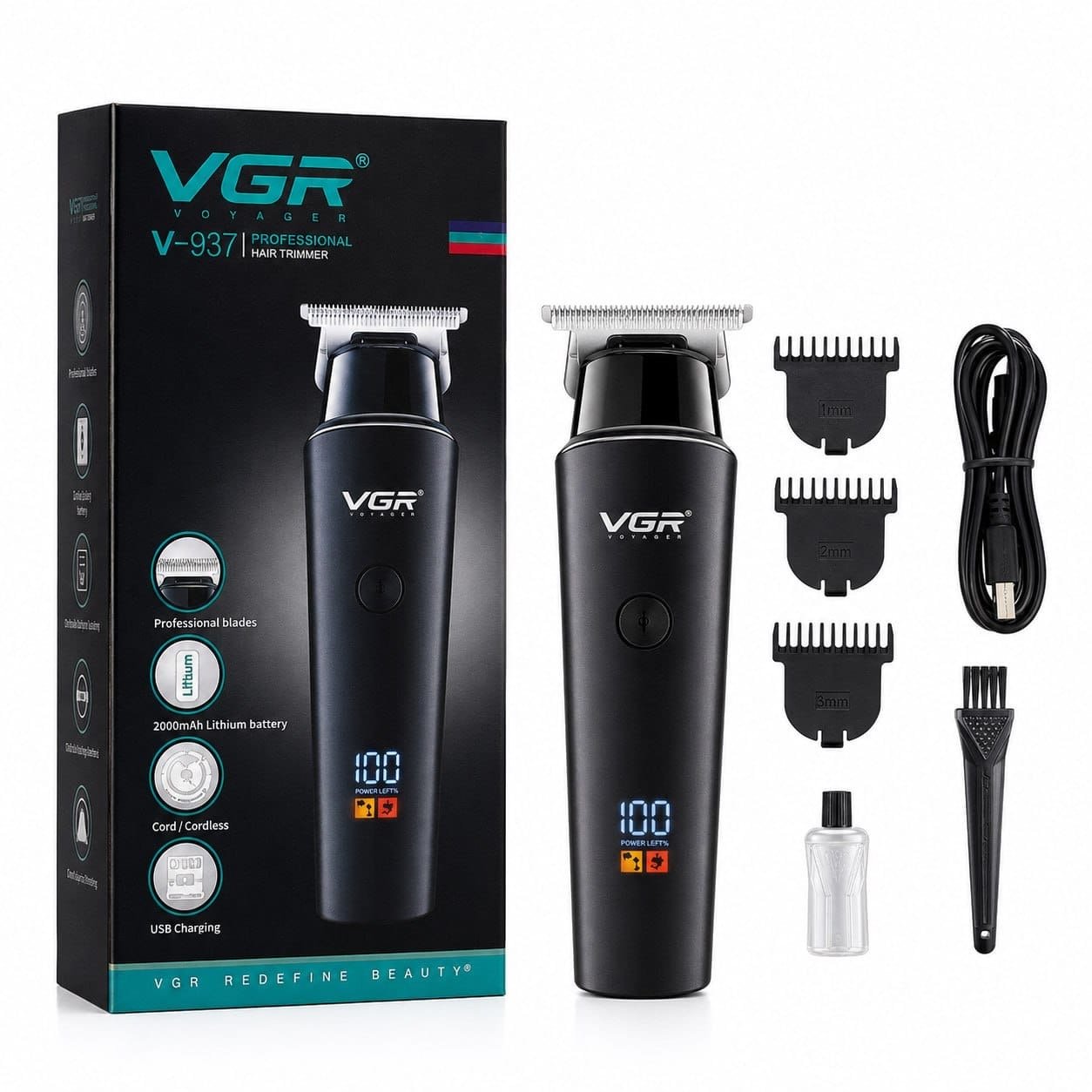 VGR V-937 Professional Cordless Hair & Beard Trimmer for Men – LCD Display, 500 Min Runtime, 2000mAh Battery, Zero Gap Stainless Steel Blade (Black)