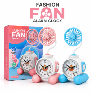 2-in-1 Cute Cartoon/Astronaut Alarm Clock with USB Rechargeable Mini Fan | Silent Desk Fan & Clock Combo for Kids Study Table & Office Decor